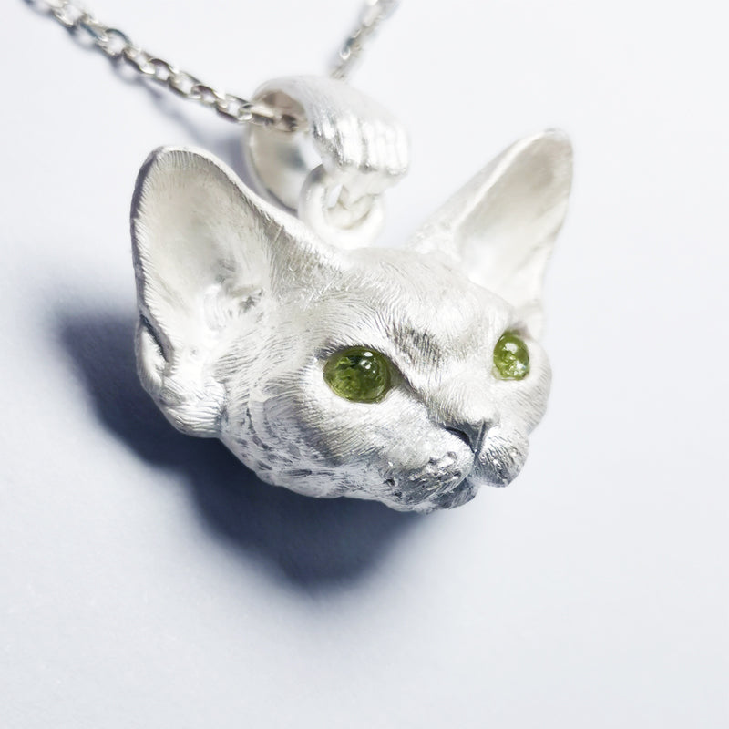 Sterling Silver Gem-Eyed Devon Rex Cat Necklace