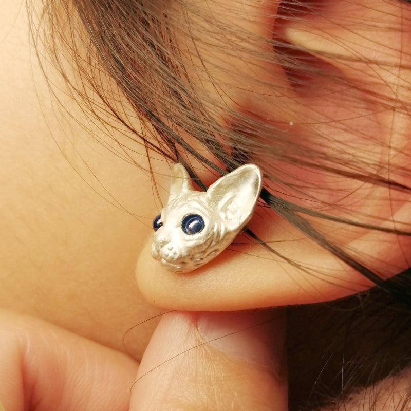 Handmade 925 Sterling Silver Sphynx Cat Earrings