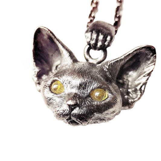 Sterling Silver Gem-Eyed Devon Rex Cat Necklace