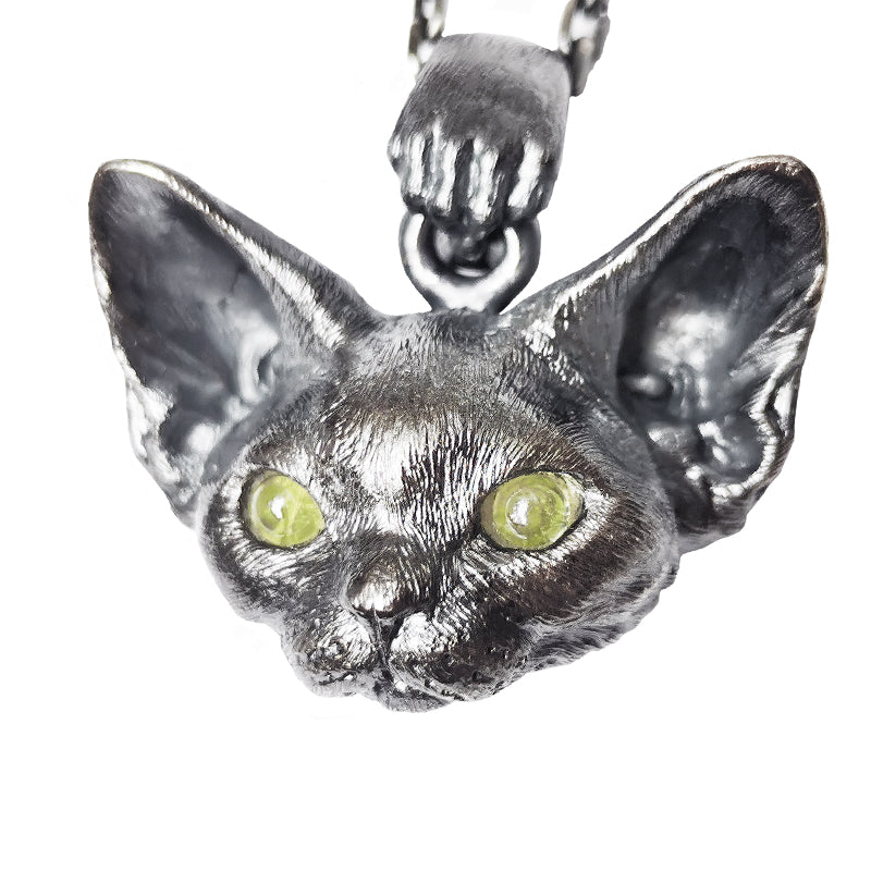 Sterling Silver Gem-Eyed Devon Rex Cat Necklace