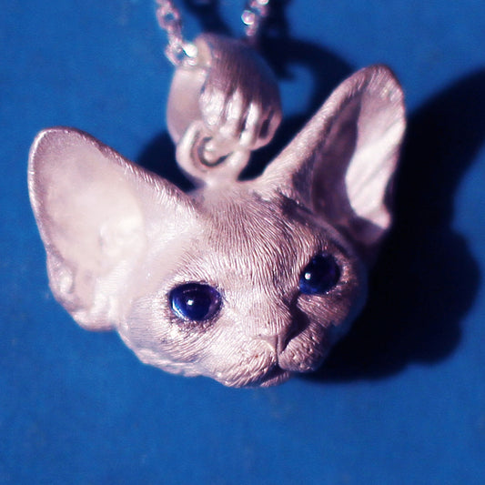 Sterling Silver Gem-Eyed Devon Rex Cat Necklace