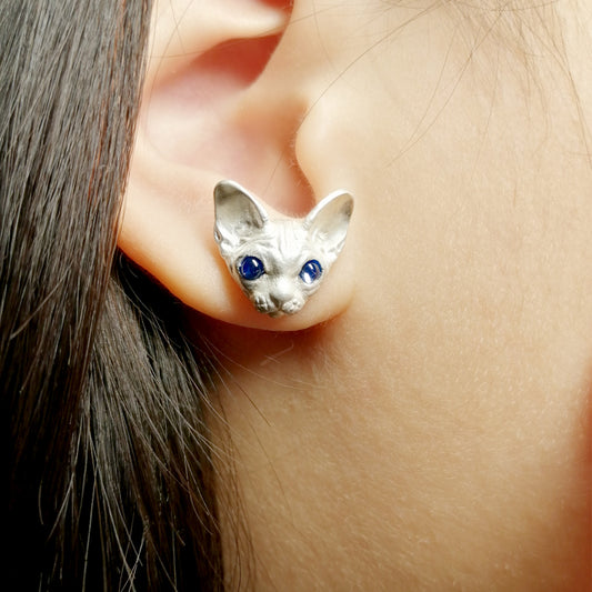Handmade 925 Sterling Silver Sphynx Cat Earrings